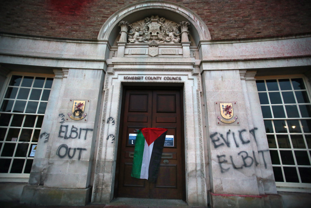 Graffiti on the County Hall in Taunton (image via Palestine Action)