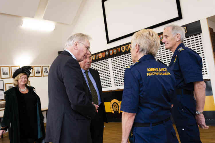 Chairman of Rutland Agricultural Society David Wood presents Rutland First Responders Barbara Crellin and John Dehnel to His Royal Highness