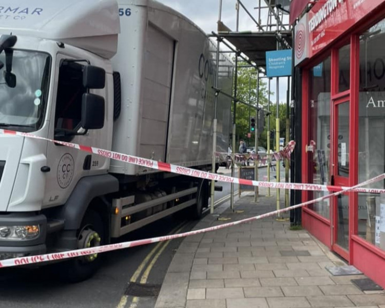 A lorry collided with scaffolding along Teddington's Broad Street at 11:47am on 26 April (Photo: Lisa Rafferty)