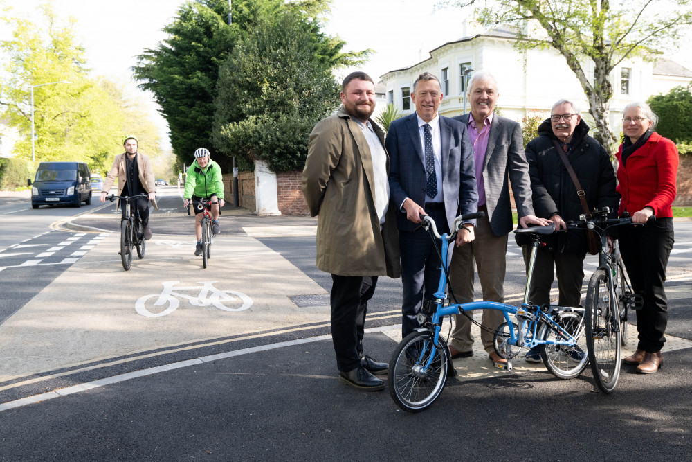 From left: Sam Jones, Cycleways Cycleways, Simon Storey, Bicycle Mayor, Warwick District. Foreground from left: Joseph Lerougetel, Balfour Beatty, Mark Ryder, WCC, Jan Matecki, WCC, Bill Gifford, WCC, Alison Kennedy, WCC (image via WCC)