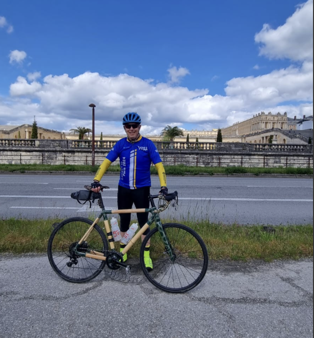 Completed it! Hitchin cyclist Nick Senechal reached Paris at the end of a four day charity cycle ride. PICTURE: Nick in Paris.