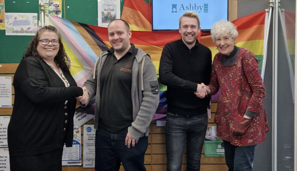 Helen McArthur, Keith Tiplady, Callum Prince and Mandy McIntosh from Fair-to-allat the launch of this year's Ashby Pride. Photo: Ashby Pride CIC 