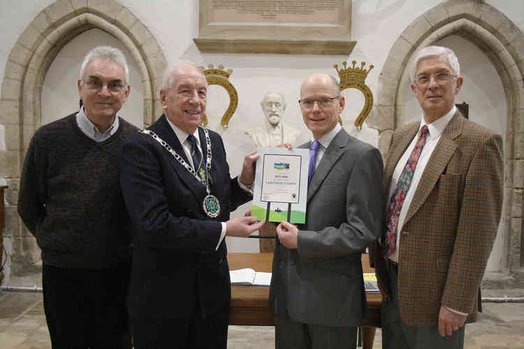 l-r: Coun Marc Oxley (Uppingham Ward, Rutland County Council), Coun Kenneth Bool (Chairman, Rutland County Council), David Lewis (Chairman, Rutland Fairtrade Forum), Graham Stapleton (Secretary, Rutland Fairtrade Forum)