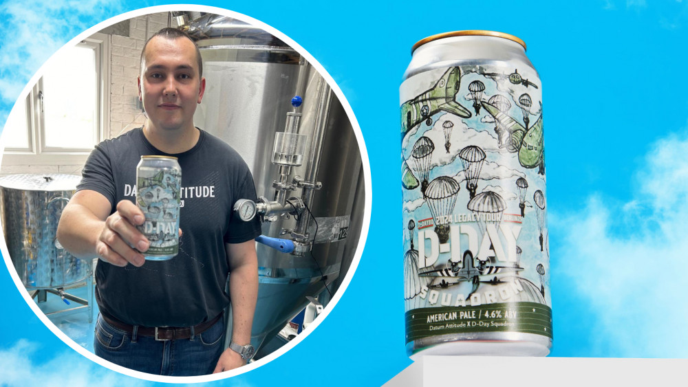 Samuel pictured with the new beer in his small-batch brewery, and the D-Day Squadron ale [right]. (Photos: Datum Attitude)