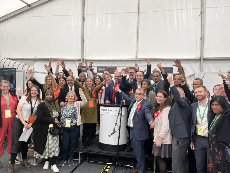 Ealing & Hillingdon Labour Party members celebrate Councillor Bassam Mahfouz joining the London Assembly (credit: Cesar Medina).