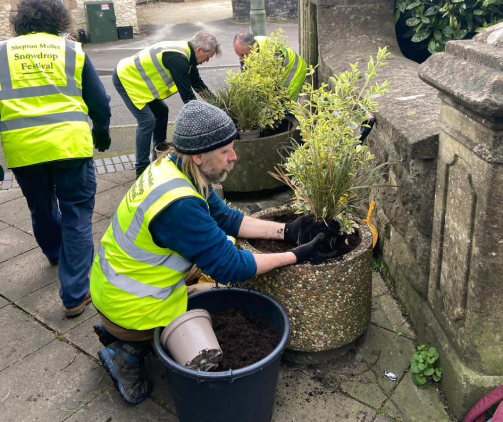 Volunteers from Shepton's snowdrop festival helping to brighten up the town centre (Facebook/Shepton Town Council) 