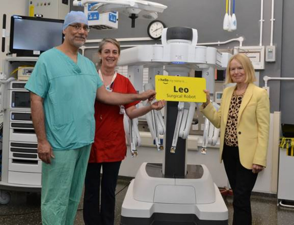 From left to right: Chief of Surgery and Planned Care Mr Sarb Sanhu, Theatres Matron Sara Palhinha and Dame Marit Mohn. (Photo: Kingston Hospital)