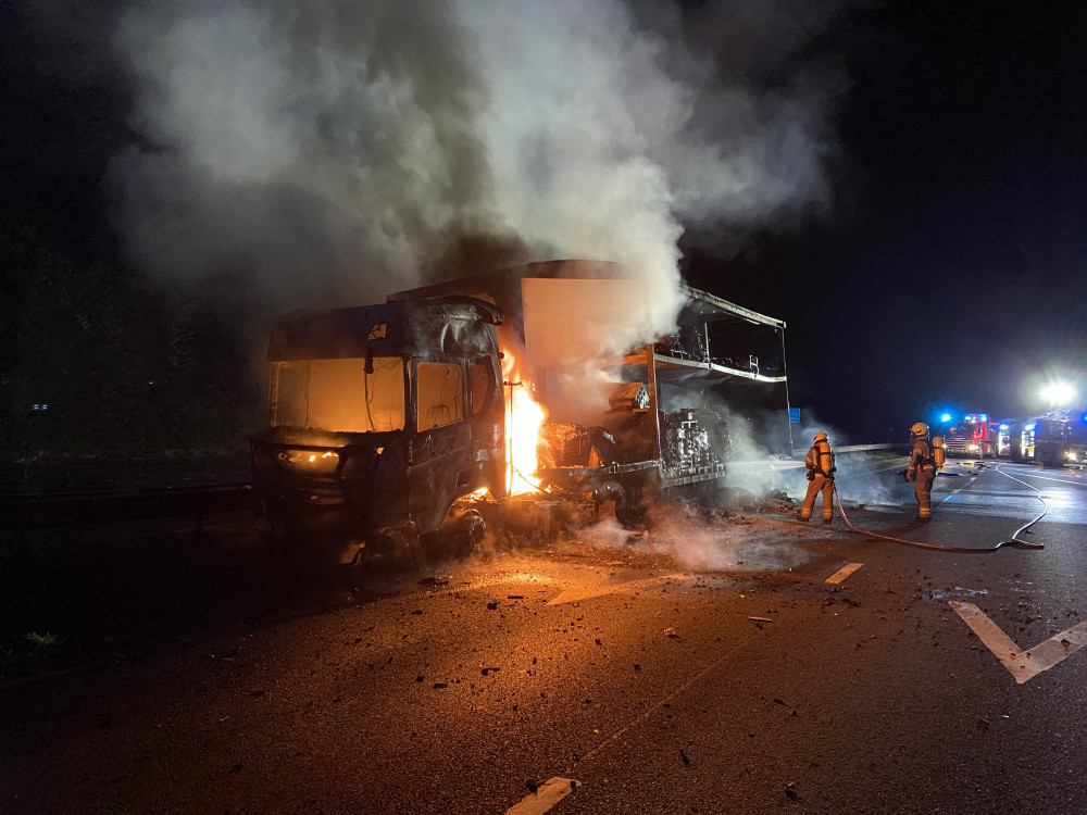 A lorry carrying wood caught fire on the M6 on Wednesday (image via National Highways)