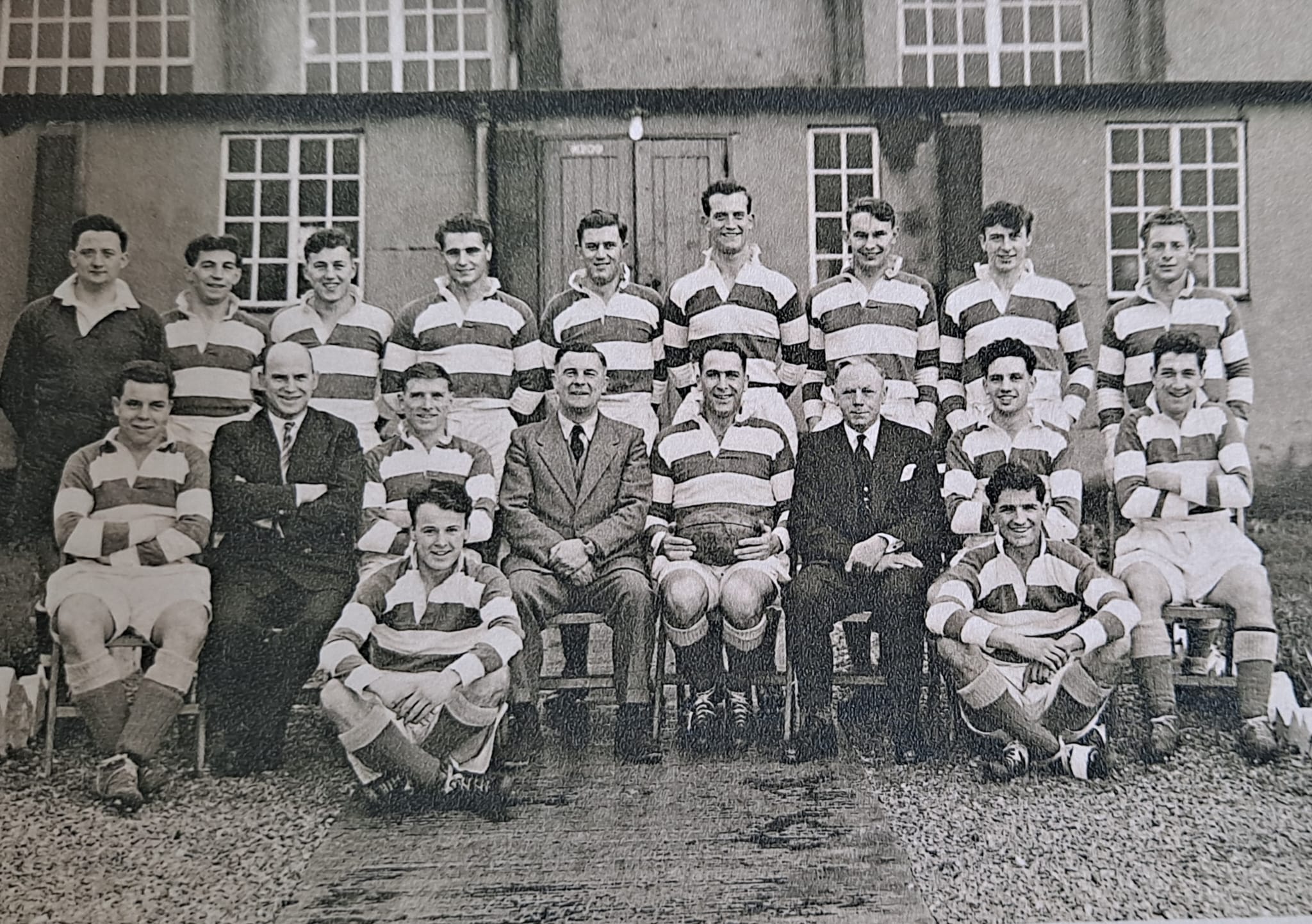 Colin Evans lines up in Gorseinon RFC team photo. Colin is standing fifth from the left while Malcolm Halfpenny, grandfather of Leigh Halfpenny, is seated far left.