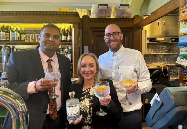Stockport Gin has been introduced at the House of Commons Strangers' Bar - left to right is Navendu Mishra, MP for Stockport, with Cheryl and Paul, owners and creators of Stockport Gin (Image - Navendu Mishra)