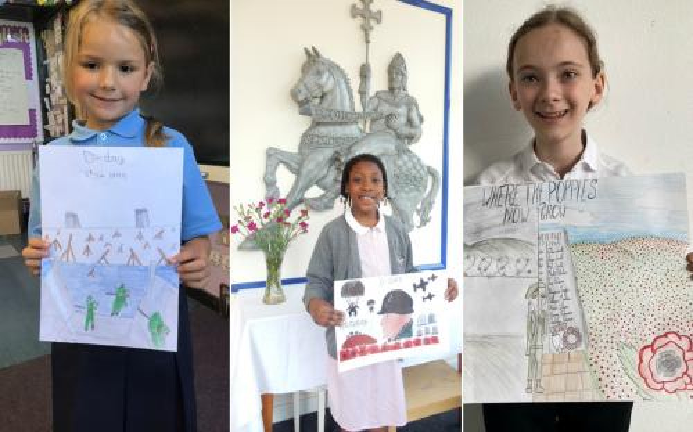 From left: Jessica, Naomi and Lily with their artworks.