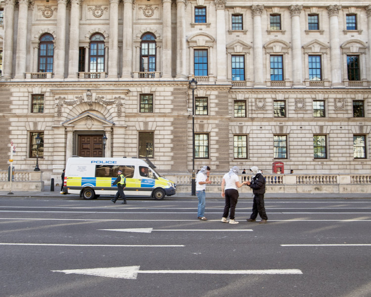 A police van parked along Whitehall on 14 October 2023, at the first of a series of protests following Israeli actions in Gaza. (Photo: Ollie G. Monk)