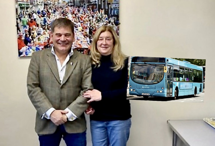 Coalville MP Andrew Bridgen and Whitwick campaigner Jacky McNeice. Photo: Suppled (Aviva bus photo - Dreamstime.com)