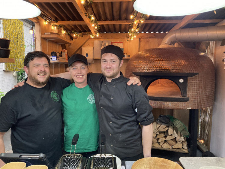 Rhyse Cathcart, Adele Kearney and Peter Moody at the new 'Dough so Good' pizza shack at Nook, Heaton Moor (Image - George Lythgoe)