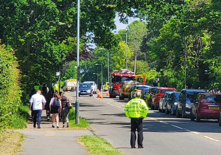 Emergency services at the scene at Myton School (image by Geoff Ousbey)