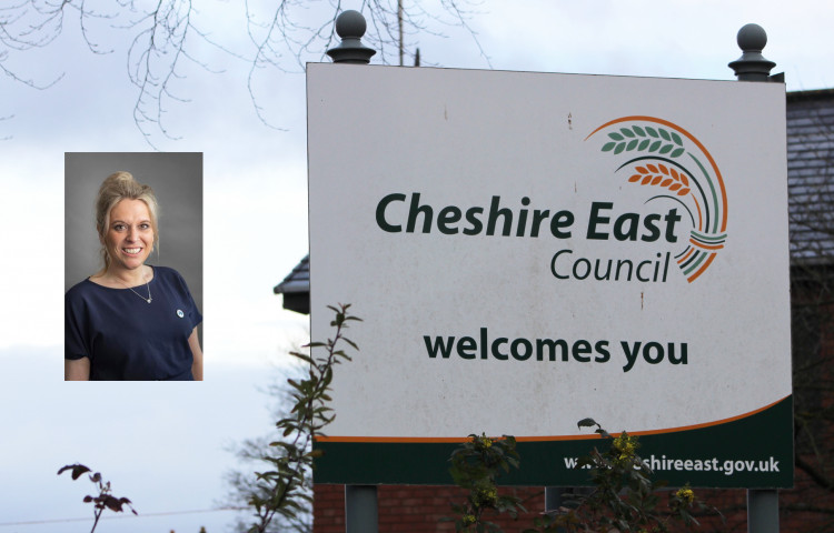 Councillor Laura Smith (left) and a sign outside Cheshire East Council HQ, Westfields, Middlewich Road, Sandbach. (Image - Macclesfield Nub News / Cheshire East Council)