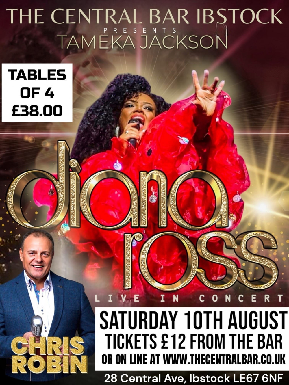 Diana Ross by Tameeka Jackson (plus support act Chris Robin)  at The Central Bar & Venue Ibstock, near Coalville