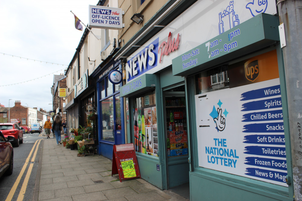 Macclesfield: The National Lottery signage outside Newsplus on Chestergate. (Image - Macclesfield Nub News) 