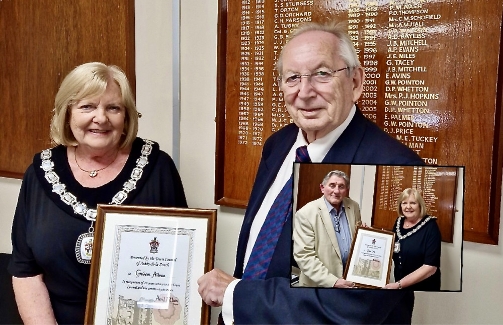 Graham Allman and Geraint Jones (inset) received long service certificates from Cllr Avril Wilson. All photos: Ashby de la Zouch Town Council