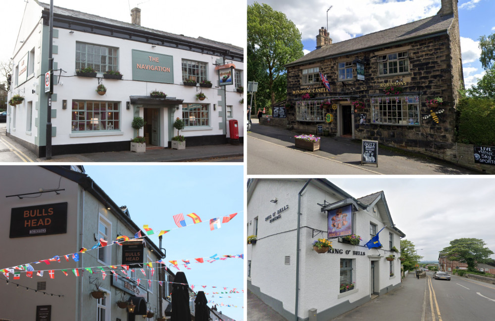 The new Marple ale trail takes in seven pubs across Marple and Marple Bridge - they range from cosy, low-ceilinged traditional spots to open-plan modern establishments (Images clockwise from top left: Robinsons, Google Maps, Google Maps, Alexander Greensmith)