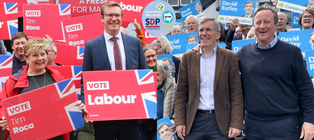 Left to right: Emily Thornberry, Tim Roca, (inset, the logos of other candidates standing) David Rutley, Lord Cameron. (Image - Composite image by Macclesfield Nub News) 