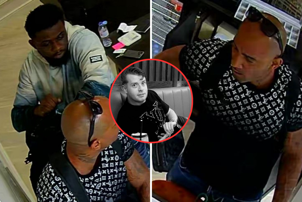 The two men (left and right) were seen on CCTV robbing watches from Oliver White (middle) and 247 Kettles on Saturday, 25 May (credit: Met Police & @247kettles/Instagram).   