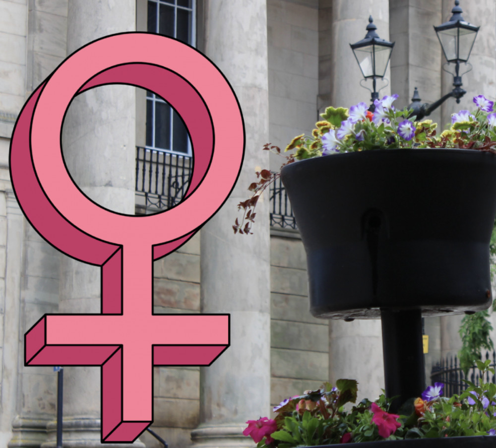 A female symbol in front of Macclesfield Town Hall. (Image - Macclesfield Nub News)