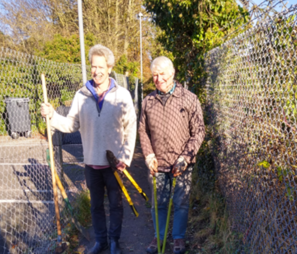 Giles Watts (Secretary of DTAG) and Robin Potter (Dorchester Town Councillor, DTAG) clearing vegetation from the TESCO’s pathway near Sawmills Lane. (Picture: Stewart Palmer).