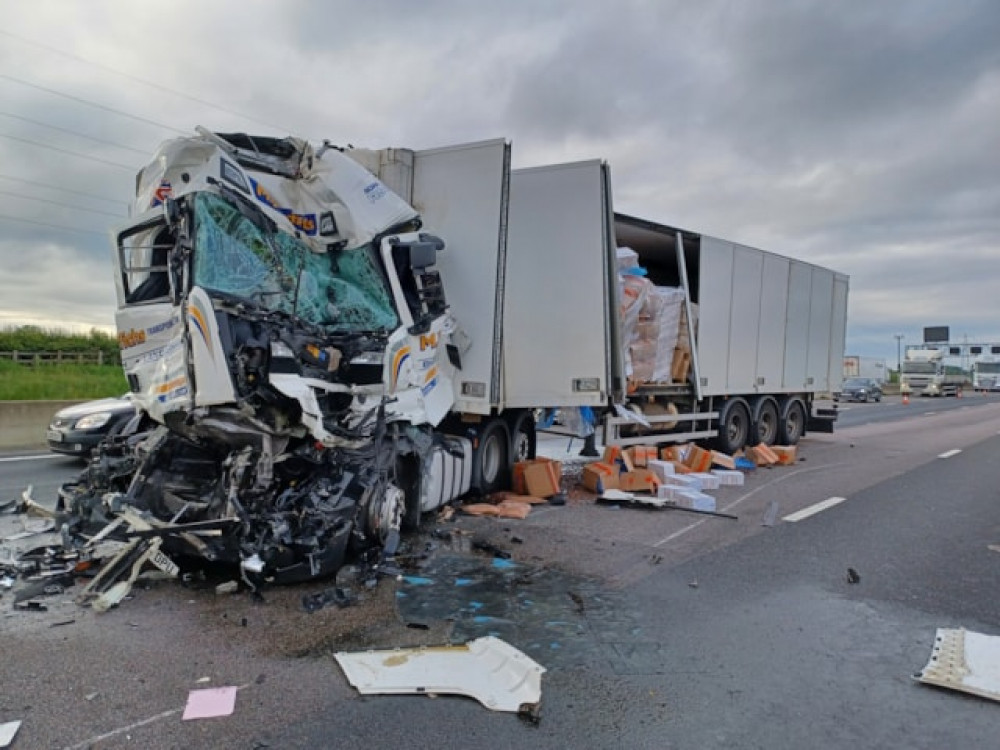 A collision between four HGVs and a tanker on the M6 northbound this morning is causing delays. (Photo: Cheshire Police) 