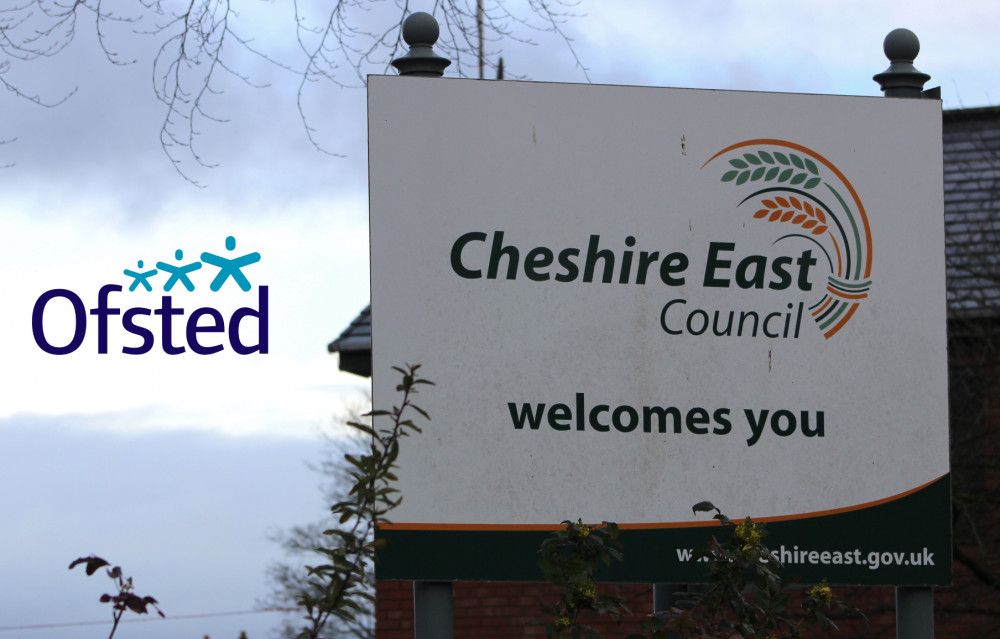 The Ofsted logo and a sign at Cheshire East Council HQ, Westfields. (Image - Macclesfield Nub News) 