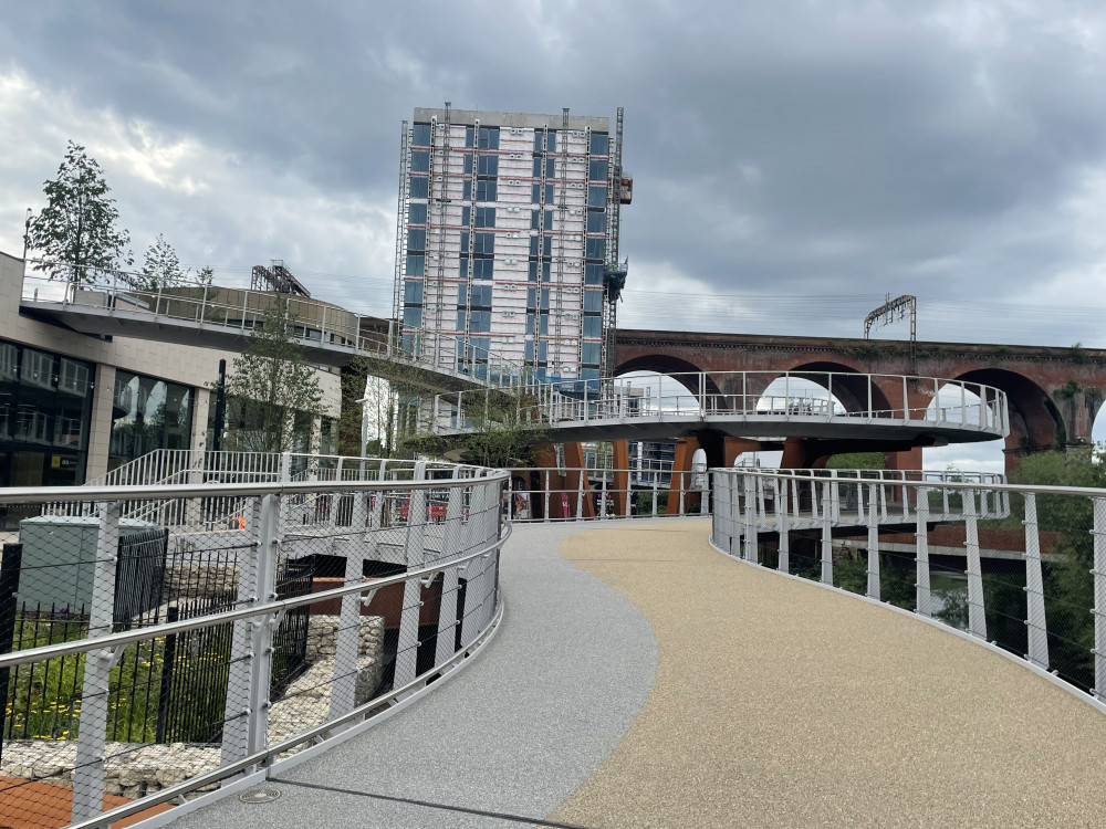 The spiral ramp is now open at Stockport Interchange, providing step-free access to the riverfront and Viaduct Park (Image - Alasdair Perry)