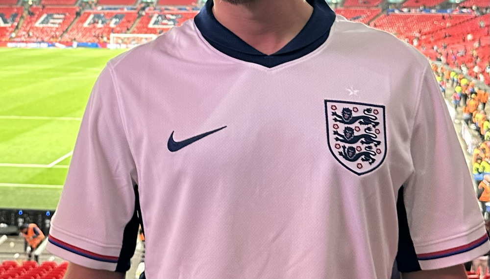 The new England kit, pictured in front of the pitch at Wembley Stadium, London. 