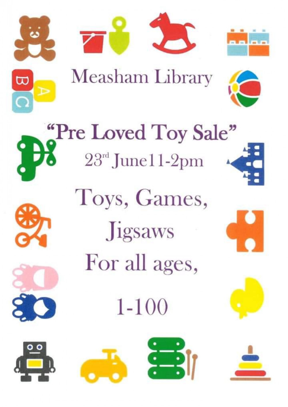 Measham Library Toy Sale Come and enjoy the Measham Library Toy Sale at Measham Library, High Street, Measham, near Ashby de la Zouch