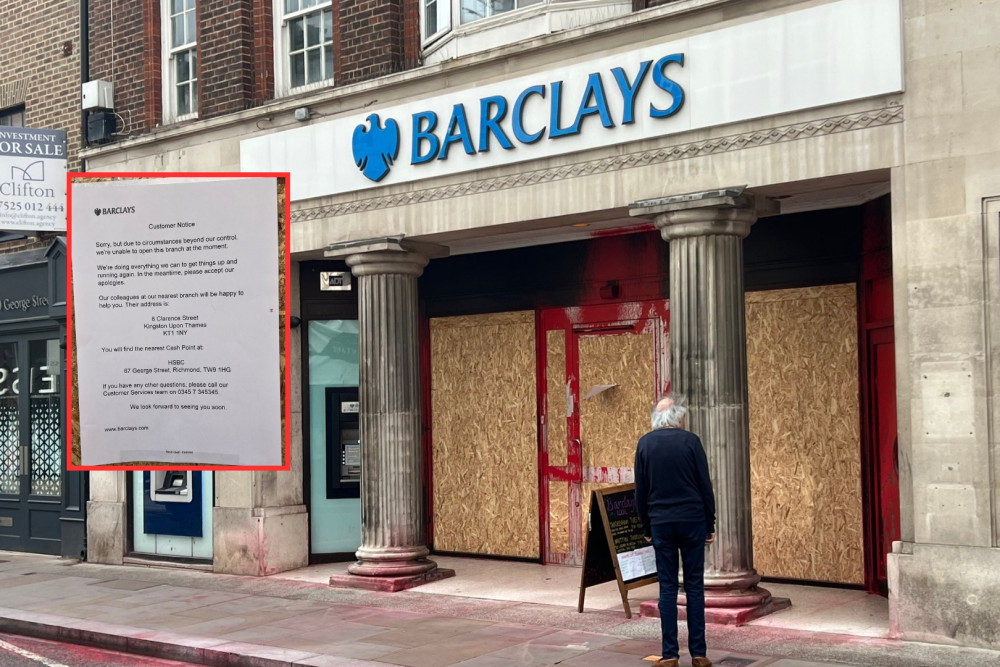 Barclays' Richmond bank is boarded up and closed after an attack by pro-Palestine group (credit: Nub News).