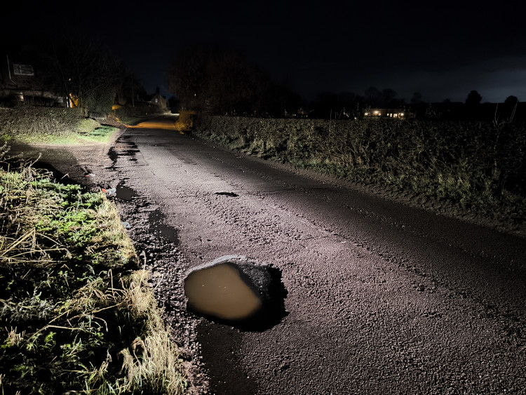 Matt Shawtell hit a huge pothole on Cheadle Road, Draycott in the Moors, last December (Matt Shawtell).