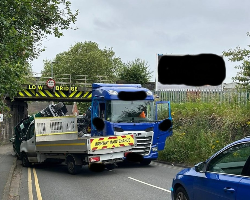 A lorry has collided with a railway bridge on Anchor Road, Longton (Stoke-on-Trent Police).
