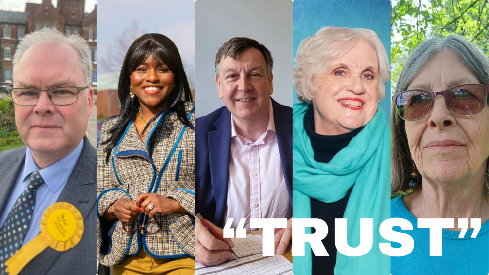 Maldon's candidates for the General Election. From the left: Simon Burwood for the Lib Dems, Onike Gollo for Labour, John Whittingdale for the Tory's, Pamela Walford for Reform, and Isobel Doubleday for the Greens.