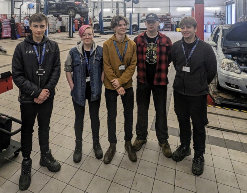 From left Reaseheath College Motor Vehicle students Jamie Cooke, Cory Keele, Josh Eaton-Brown, Henry Porteus, and James Chrichton at the RRG Group in Macclesfield.