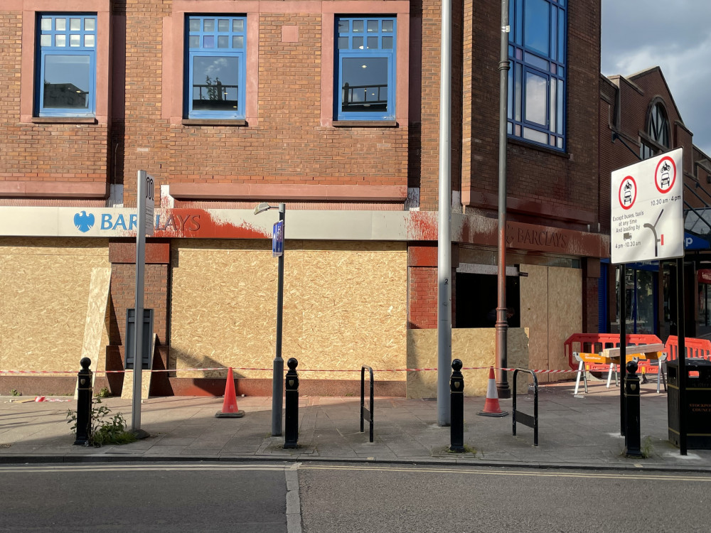 Police are looking into incidents where windows of businesses were smashed and red paint thrown over the buildings. This Barclays branch was damaged on 10 June - it has since re-opened (Image - Nub News)