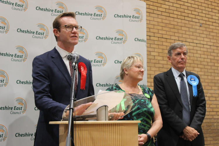 Macclesfield: Tim Roca (left) is Macclesfield's new MP. Macclesfield's MP for the previous 14 years David Rutley (right) was not re-elected for the Conservatives. In the middle of those two is Amanda Iremonger of the Green Party, who came fourth. (Image - Macclesfield Nub News) 