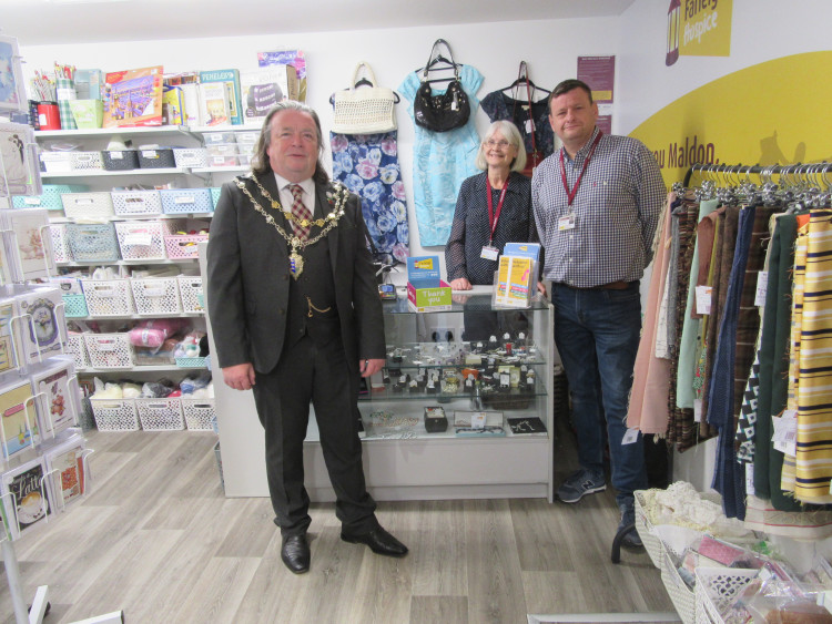 Cllr Andrew Lay, Kathy Thomas and Gary Jarman in the Farleigh Hospice Charity Shop, Maldon High Street. (Photo: FH)