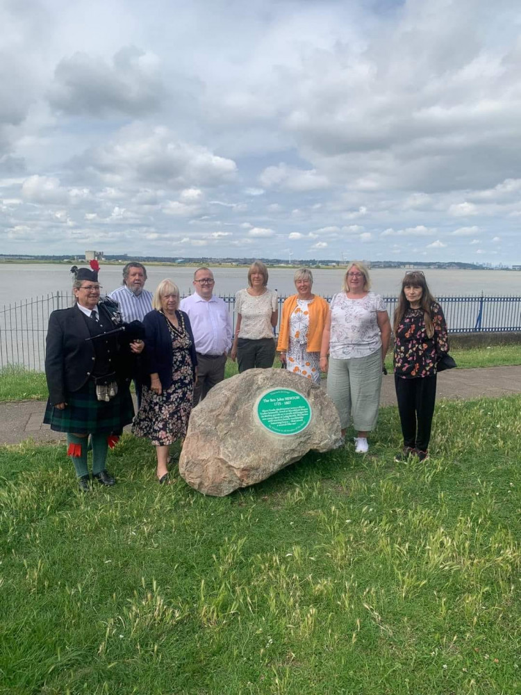 Deputy mayor Cllr Sue Shinnick, Piper Jo Goddard and Purfleet-on-Thames Community Forum's Trevor Batchelor with councillors at the unveiling. Rasma Freimanis from the Cowper Newton Museum is on the right. 