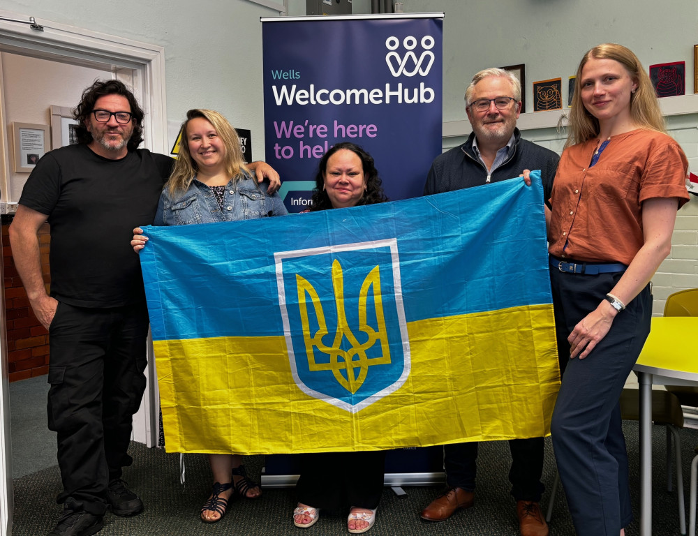 Launching the ambulance appeal at the Wells Welcome Hub are, from left to right, Edgar Phillips, Inna Prykhodko, Maria Gregg, Martyn Starnes and Anna Tumanova