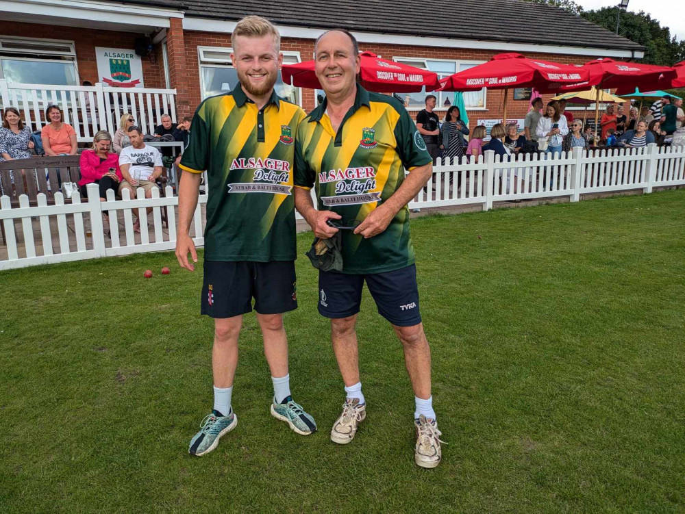 Alsager Cricket Club's first eleven player and right arm bowler Sam Goodwin (left) with Alsager Cricket Club Club chairman, Alan Stancliffe, at Friday's match. (Photo: Alsager CC)