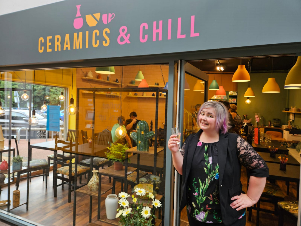 Ceramics & Chill - a new pottery studio - recently opened in Village Square, Bramhall, and has already proved a hit with customers. Owner Zoe poses here outside the building (Image - Ceramics and Chill)