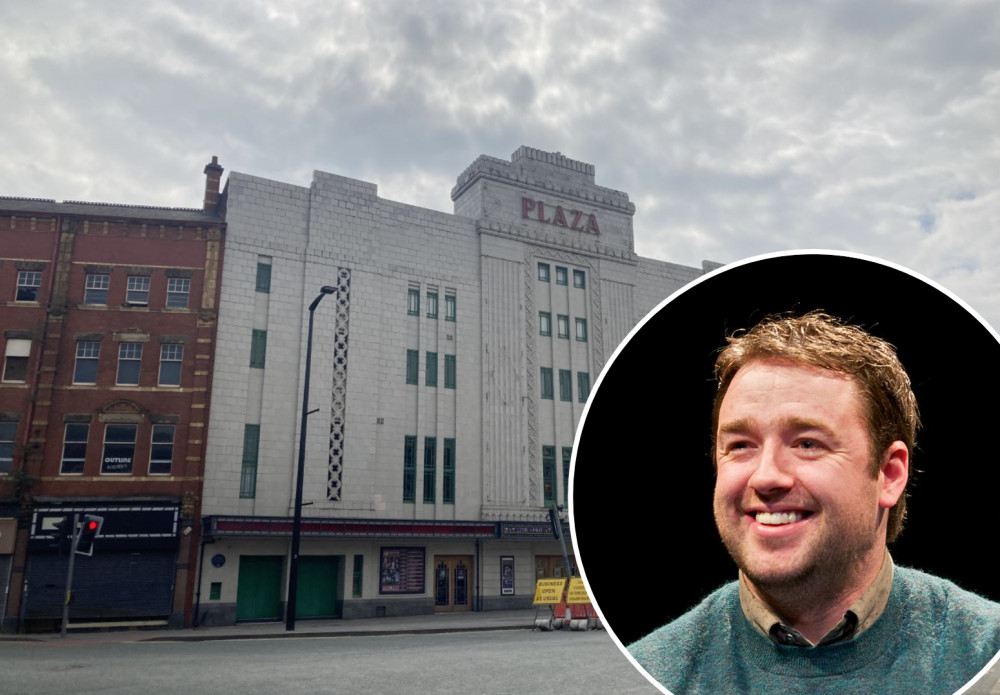 Nationally-renowned comedian Jason Manford will take to the stage at Stockport Plaza next year as part of his new tour (Images - Plaza: Alasdair Perry / Jason Manford: University of Salford via Wikimedia Commons))