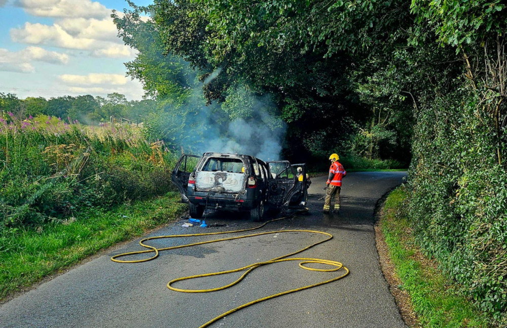 The car was on fire in Rising Lane, Lapworth (image via Kenilworth Fire Station)