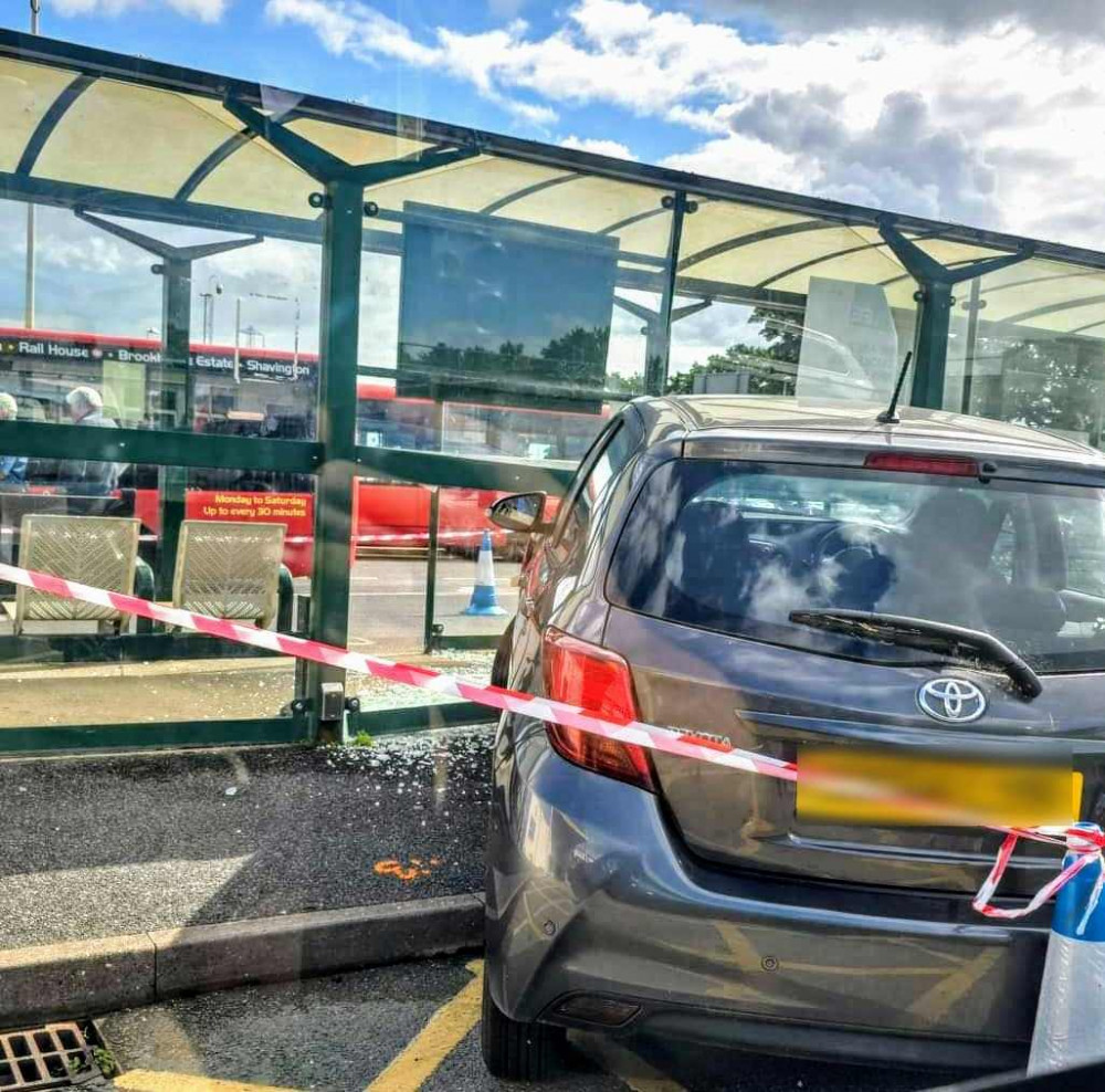 A vehicle crashed into a bus stop at Crewe's Leighton Hospital, causing damage to part of the shelter (Photo: Crewe Resident).