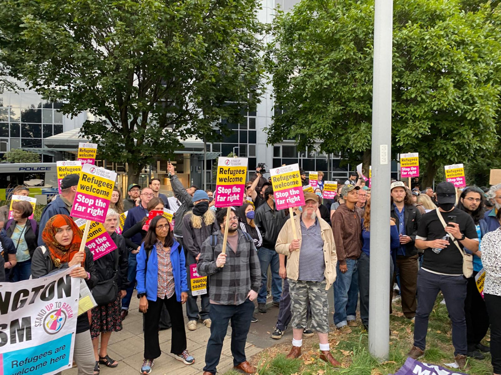 Stand Up To Racism protestors at Great West Road, Brentford on Wednesday, 7 August (credit: @HestonActionG).