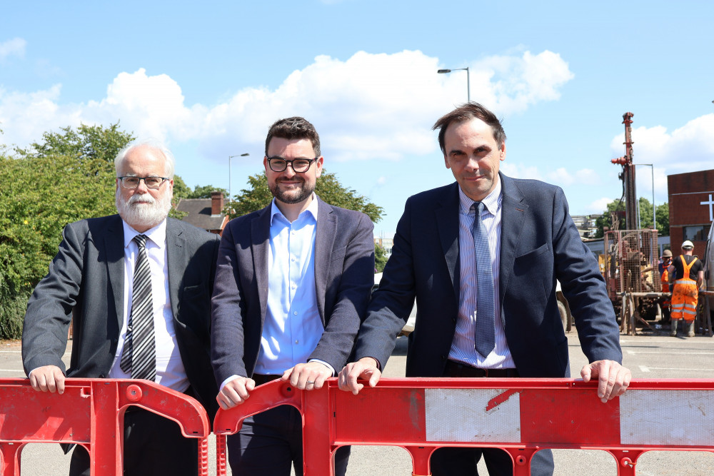 Cllr Stephen Sweeney, James Hanna Of Mccarthy Stone and Cllr Simon Tagg on the site at Ryecroft where Mccarthy Stone proposes to build a retirement community (Newcastle-under-Lyme Borough Council).